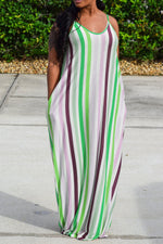  Fashion Loose Sleeveless Striped Suspender Maxi Dress