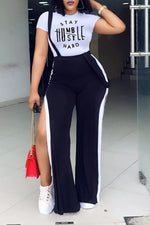 Fashion Printed T-shirt Slit Overalls Pant Suits