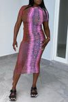Fashion Snake Print Lace Up Short Sleeved Midi Dress