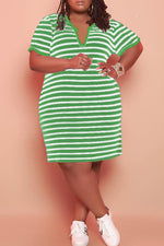Casual Striped Print Short Sleeve Plus Size Midi Dress