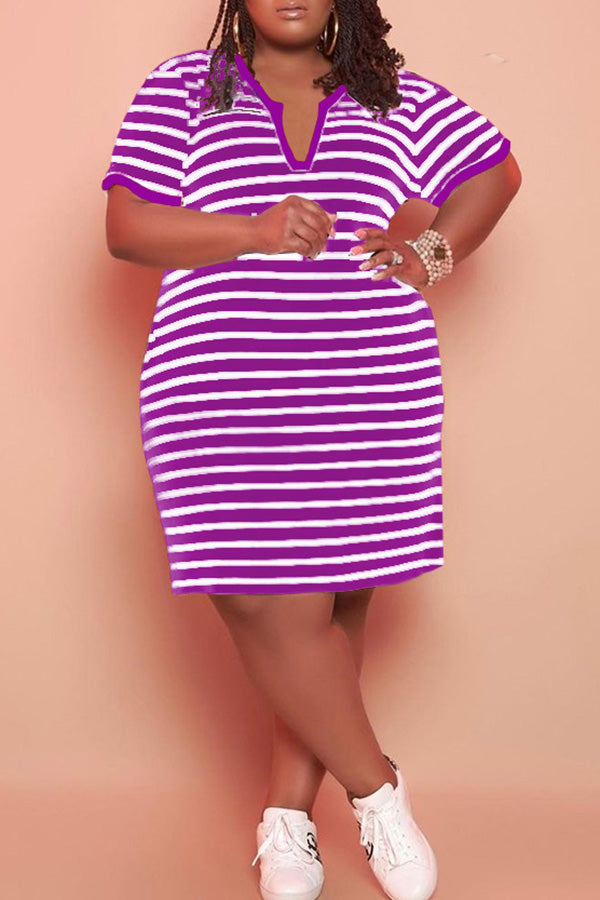 Casual Striped Print Short Sleeve Plus Size Midi Dress