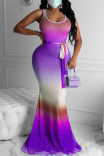 Fashion Gradient Print Slim Fit Lace Up Maxi Dress