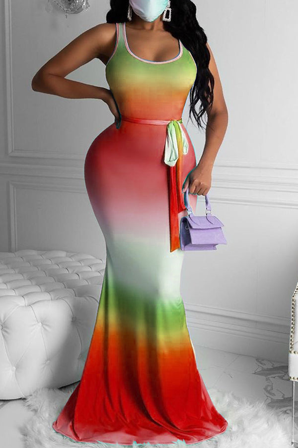 Fashion Gradient Print Slim Fit Lace Up Maxi Dress