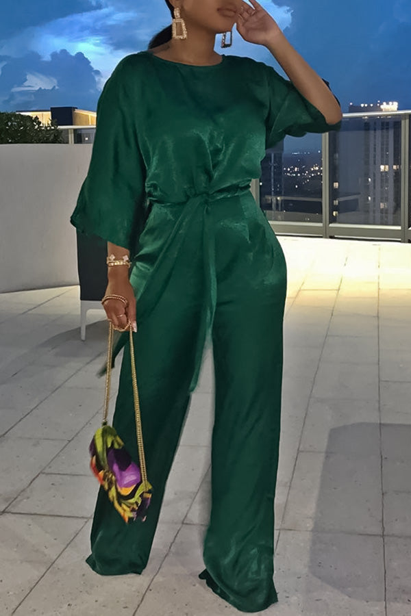 Fashion Satin Loose Lace Up Half Sleeve Pant Suits