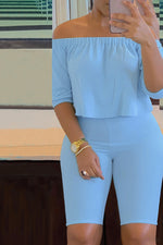 Casual Solid Color Off Shoulder Short Sleeved Pant Suits
