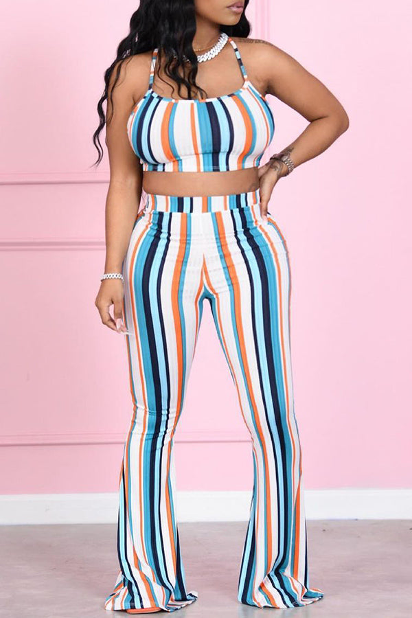 Sexy Color Striped Suspender Pant Suits
