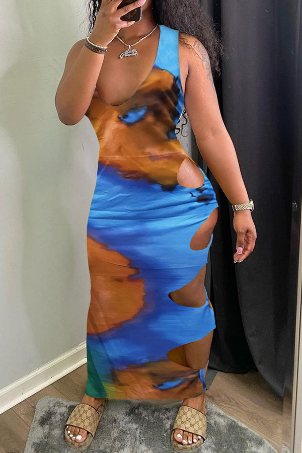  Sexy Tie Dye Cutout V Neck Maxi Dress