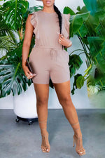Elegant Ruffled Sleeves Round Neck Solid Color Rompers