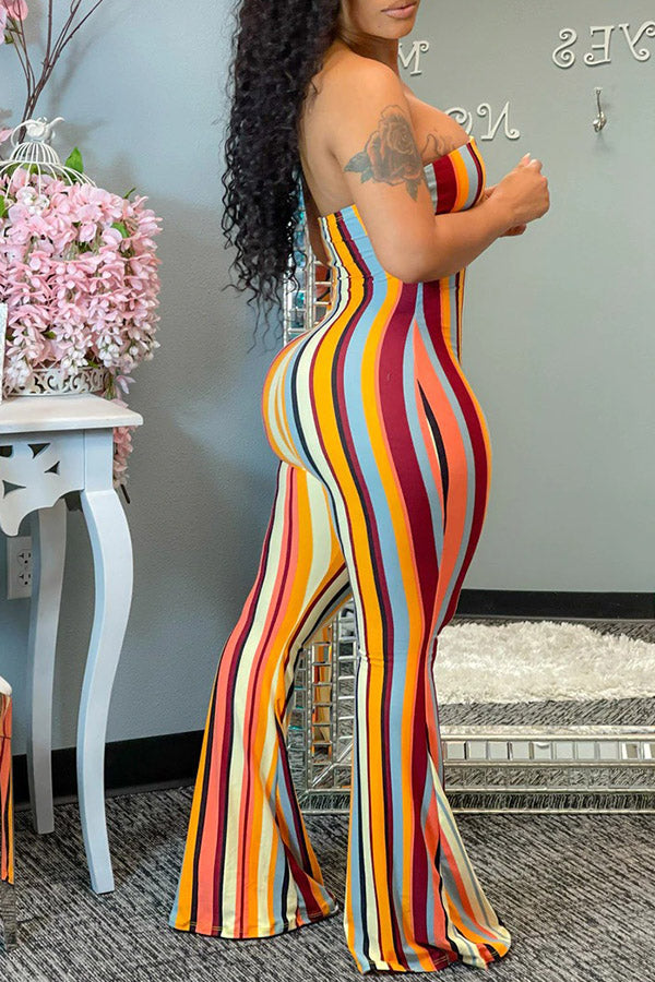 Sexy Striped Print Bandeau Flared Jumpsuit