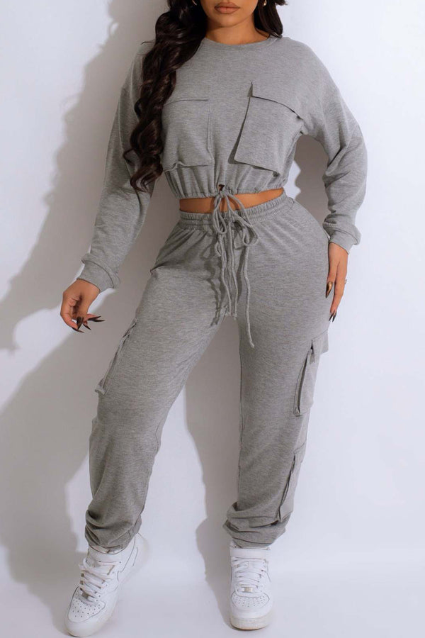 Casual Solid Color Pocket Two-Piece Set