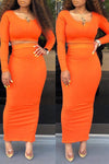 Casual Solid Color Pit Strip Slit Skirt Two Piece Set