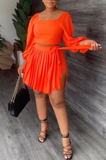 Puff Sleeve Slit Top Pleated Skirt Tie Two Piece Set