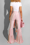 Striped Print Lace-Up Zip Layered Flare Pants