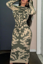 Printed Slim Backless Long Sleeve Maxi Dress