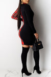 V-Neck Color Contrast Drawstring Pleated Long-Sleeve Check Mini Dress
