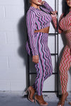 Wave Print Zipper Cardigan High Waist Slim Fit Trousers Two-Piece Set