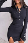 Lapel Ribbed Slit Long Sleeve Fitted Dress
