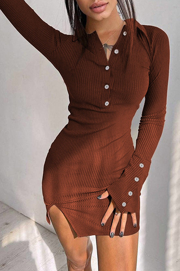 Lapel Ribbed Slit Long Sleeve Fitted Dress