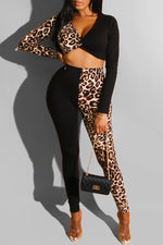 Casual Leopard Print Solid Color Pants Two-Piece Set