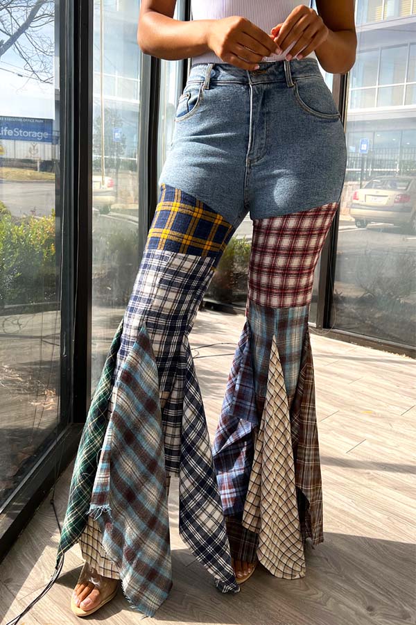 Paneled Check Flared Jeans