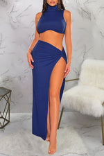 Solid Color Sleeveless Slit Waistless Two-piece Set