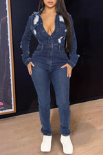 Casual Button Long Sleeve Denim Ripped Jumpsuit