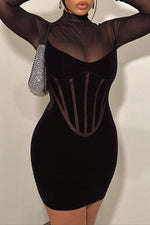 Mesh Stitching High Waist Skinny Package Hips Mini Dress