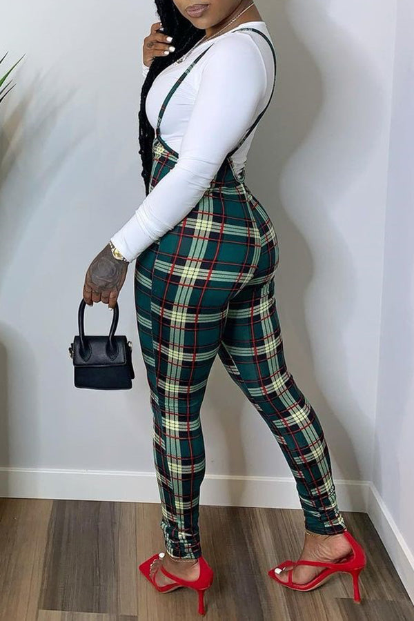 Casual Tight T-shirt Plaid Overalls Two-piece Set