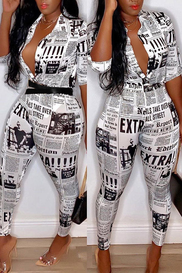 Newspaper Print Casual Long Sleeve Two-piece Suit