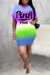 Pink Letter Print Rainbow Gradient Mini Dress