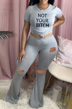 Fashion Casual Letter Printed T-shirt Flared Hole Pants Set