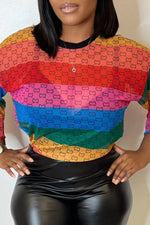 Contrasting Rainbow Stripe Print Long-sleeved Round Neck Sweatshirt