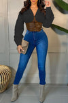 Fashion Lapel Sexy Leather Stitching Zipper Cardigan Long Sleeve Shirt