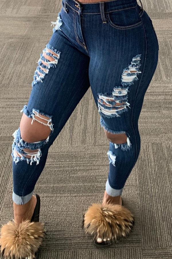 Fashion All-match Ripped Fringed Jeans Plus Size