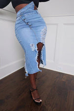 Personalized Asymmetric Button Washed Ripped Denim Skirt