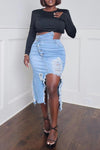 Personalized Asymmetric Button Washed Ripped Denim Skirt