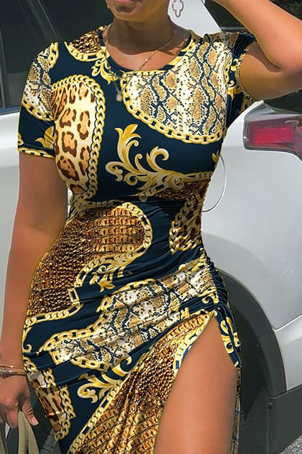 Casual Printed Short-sleeved Drawstring Pleated Midi Dress