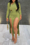 Plus Size Double-Breasted Knit Striped Long Sleeve Dress