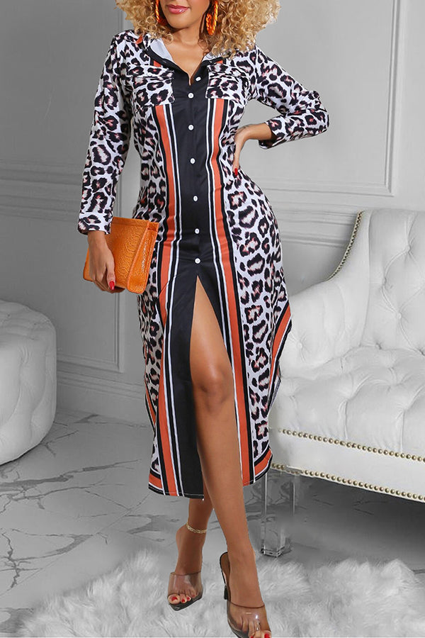 Fashion Leopard Print Button-Up Shirt Cardigan Dress