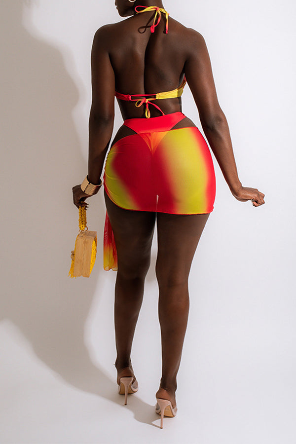 Fashion Gradient Print Split Bikini Skirt Three Piece Swimsuit