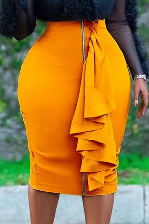 Versatile Fashion Ruffle Zip Slim Midi Skirt
