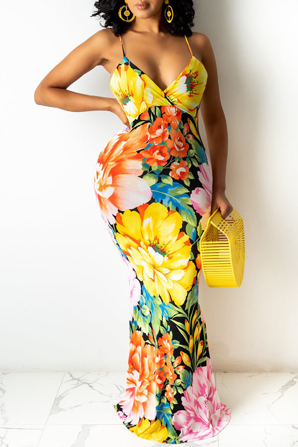 Sexy Floral Print Slim Suspender Maxi Dress