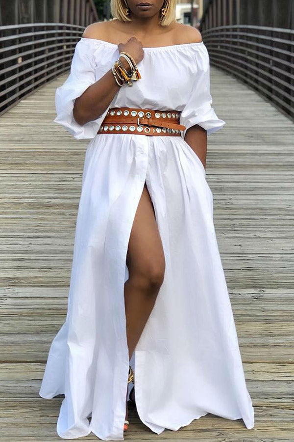 Sexy Off Shoulder Single Breasted Slit Maxi Dress (without belt)
