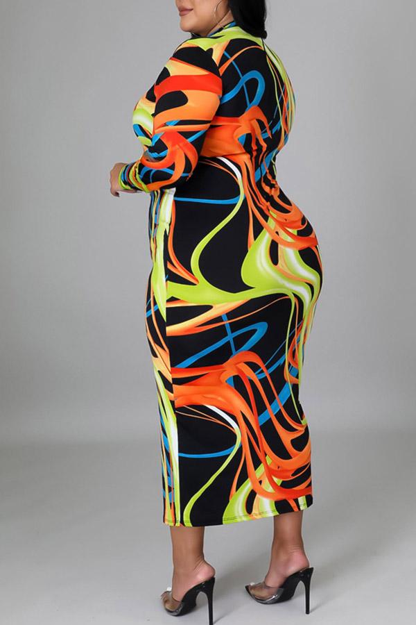 Hollow Decorative Long Sleeved Print Plus Size Midi Dress