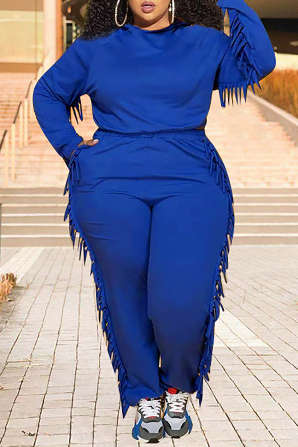 Casual Solid Color Tassel Plus Size Hooded Pant Suits