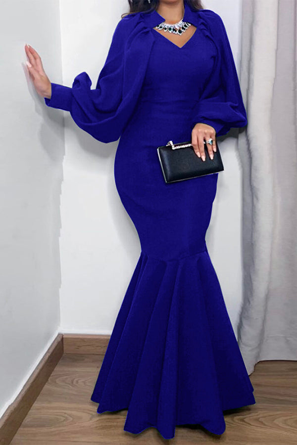 Elegant Puff Sleeve Solid Color Fishtail Maxi Dress