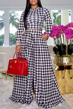 Fashion Houndstooth Print Long Sleeved Wide Leg Pant Suits