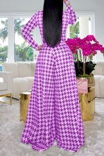 Fashion Houndstooth Print Long Sleeved Wide Leg Pant Suits