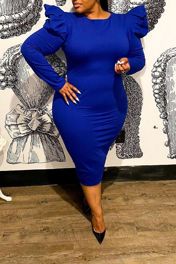 Temperament Pleated Sleeves Solid Color Plus Size Midi Dress