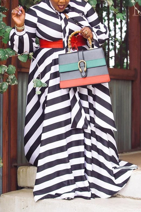 Fashion Striped Print Lace Up Plus Size Maxi Dress (Without Belt)